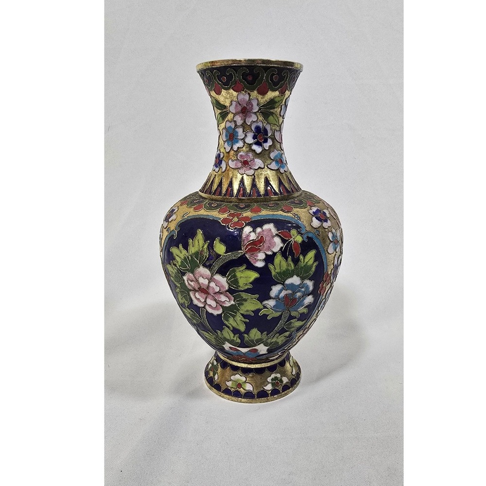 Vintage Champleve raised wire cloisonne enamel metal vase hand painted asian art